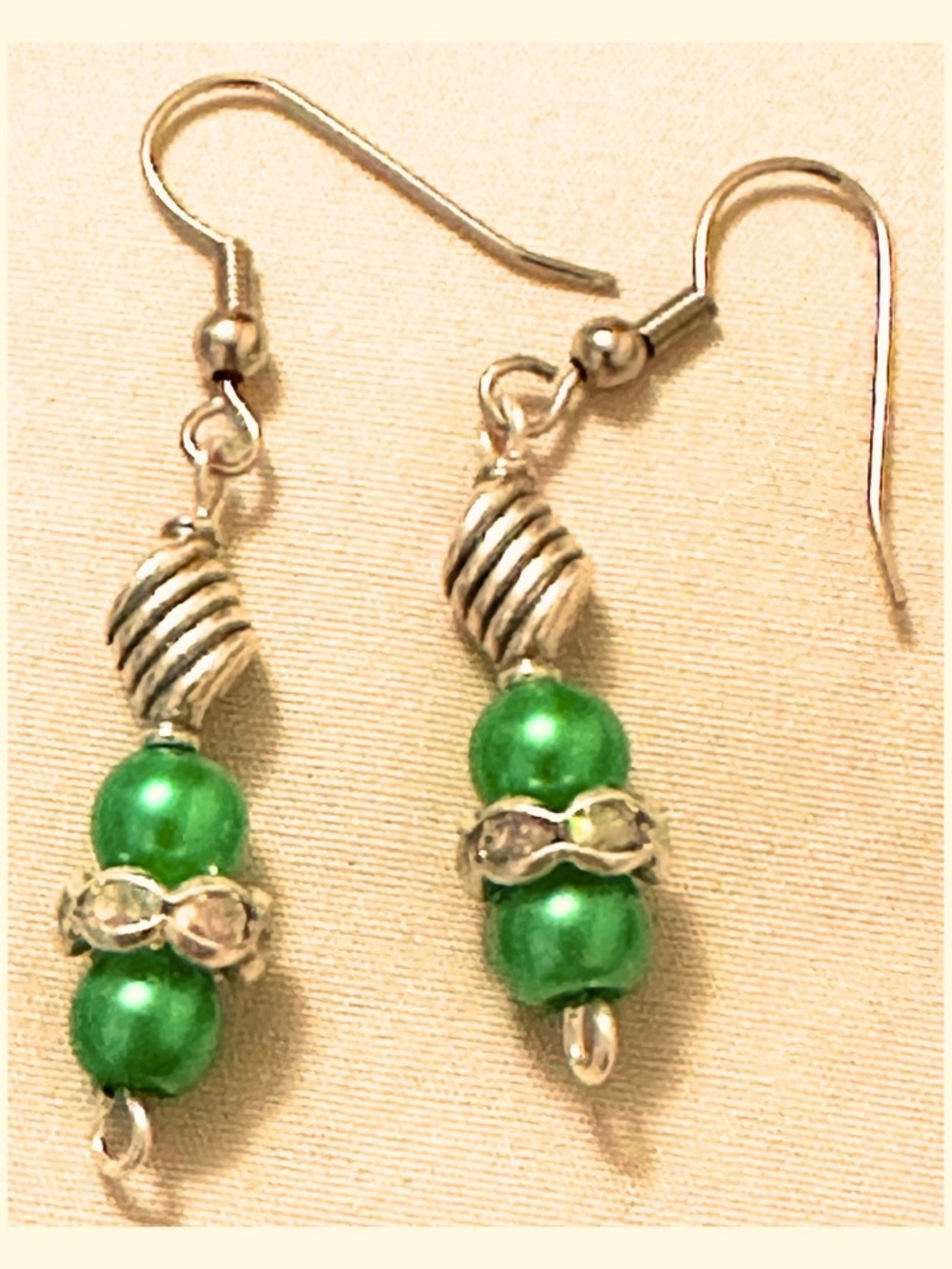 Handmade Emerald Green Faux Pearl Earrings Rhinestone Stainless Steel Hooks 2”